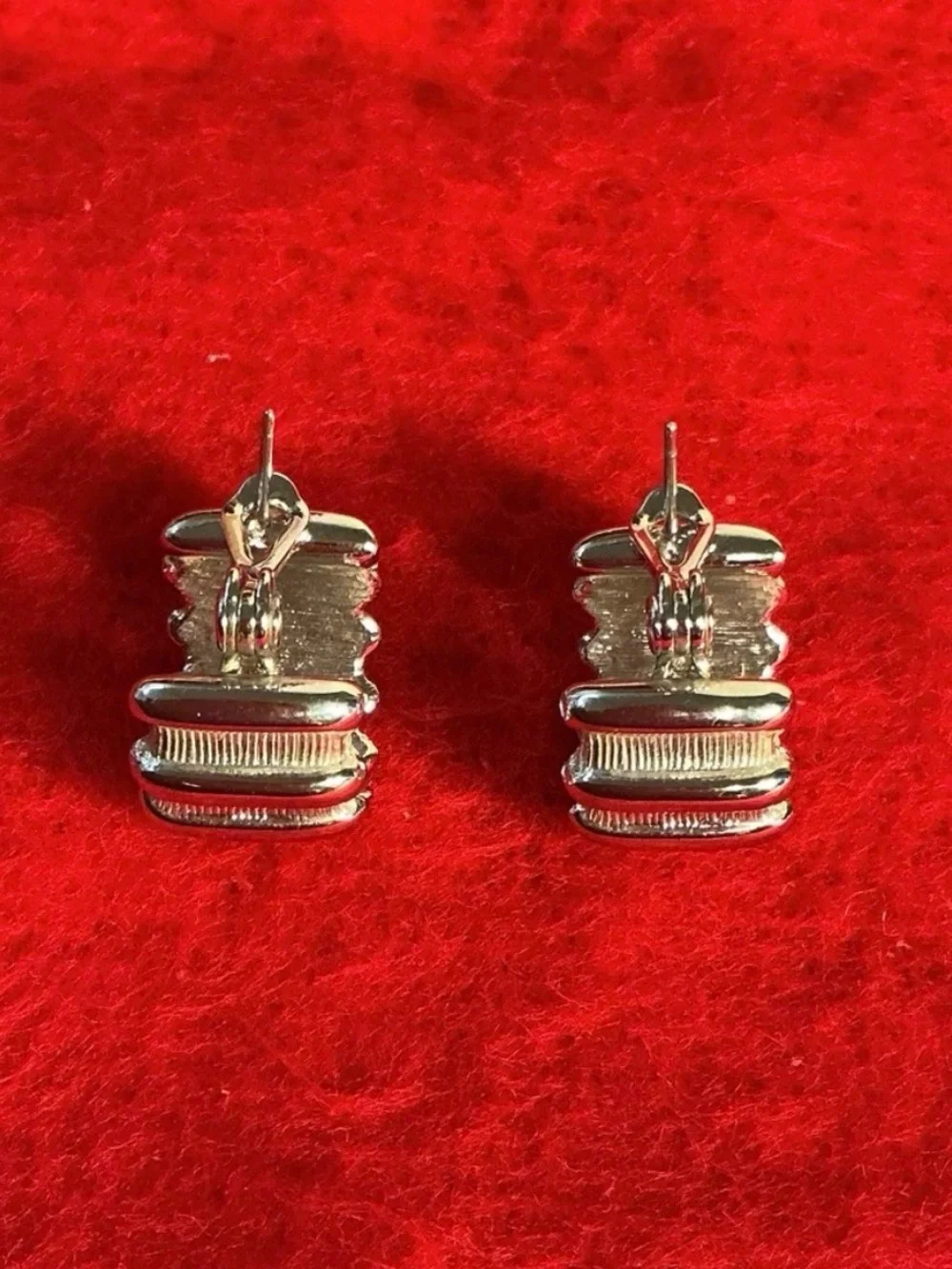 Vintage MONET Silver Tone Ribbed Pierced Post Omega Clip Earrings Pat Pend